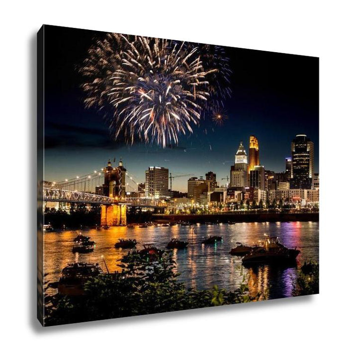 Gallery Wrapped Canvas, Fireworks Over Skyline Ohio River At A Fourth Of July Festival In Cincinnati